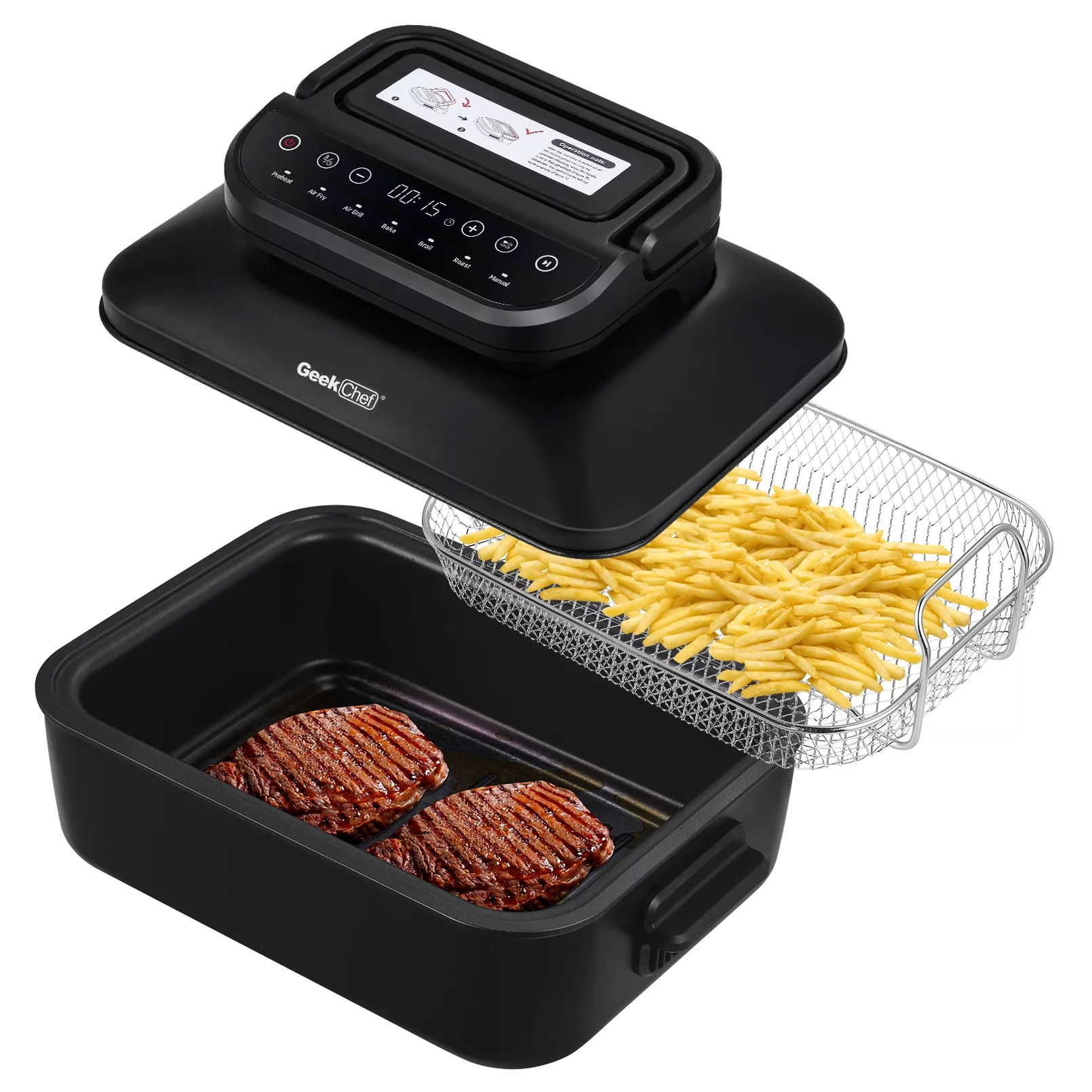 Geekchef 7-in-1 Indoor Grill with 6 Qt Air Fryer Combe, Roast and Bake, Smokeless & Oilless, 1500W, Black