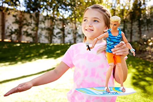 Barbie Ken Doll with Surfboard and Pet Puppy, Poseable Blonde Ken Beach Doll with Themed Accessories Like Towel, HPT50
