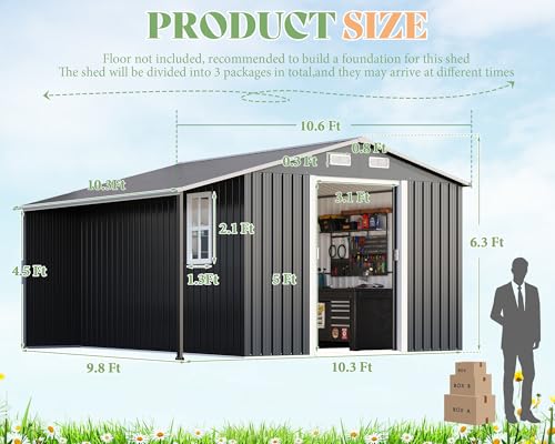 AMERLIFE 10.6x10.3x6.3 FT Metal Storage Shed with Sliding Doors Two 4-Pane Windows, Open Outdoor Shed for Wood Storage, Dark Grey/White