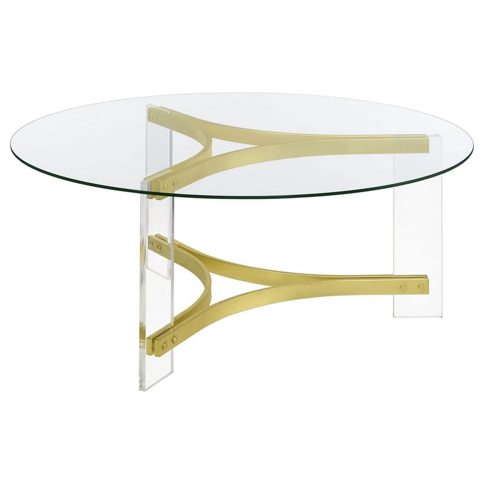 Pemberly Row Round Glass Coffee Table with Acrylic Legs in Clear and Brass