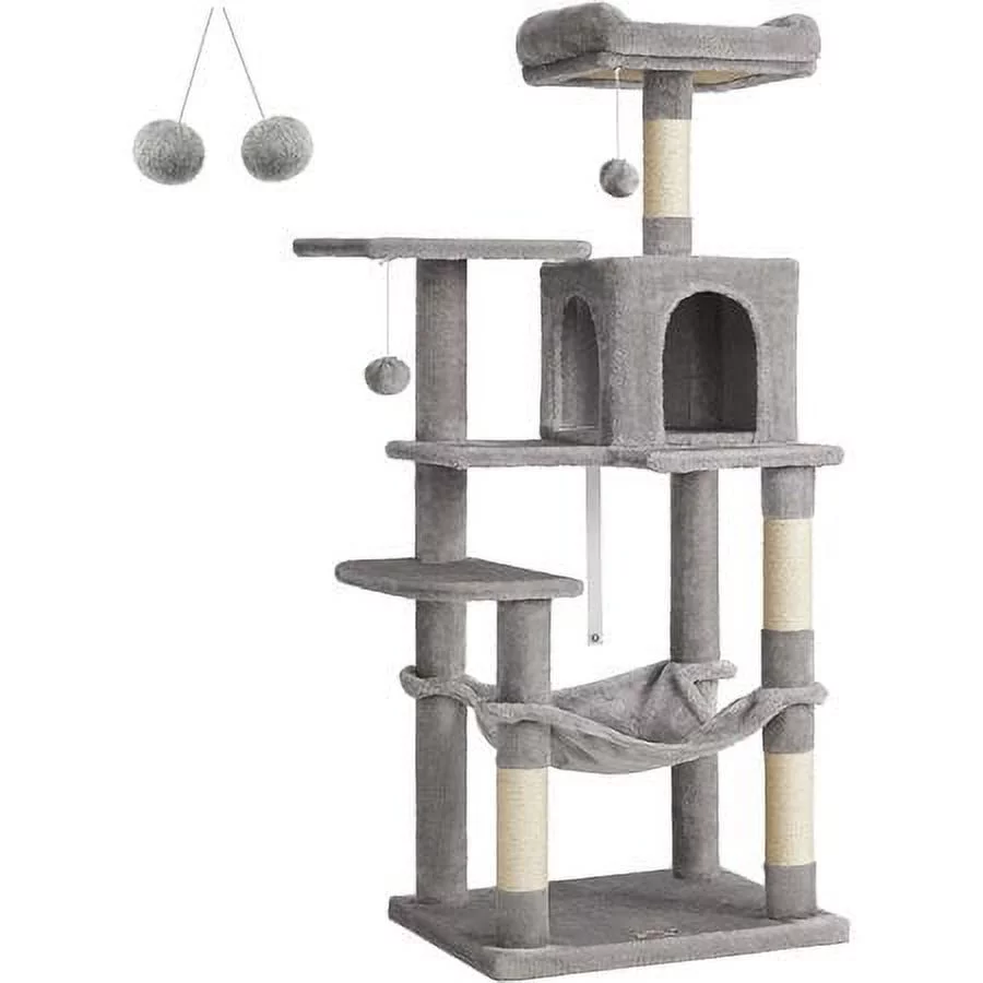 Feandrea Cat Tree Cat Tower Cat Condo with Scratching Posts Hammock Cat Activity Center Light Gray