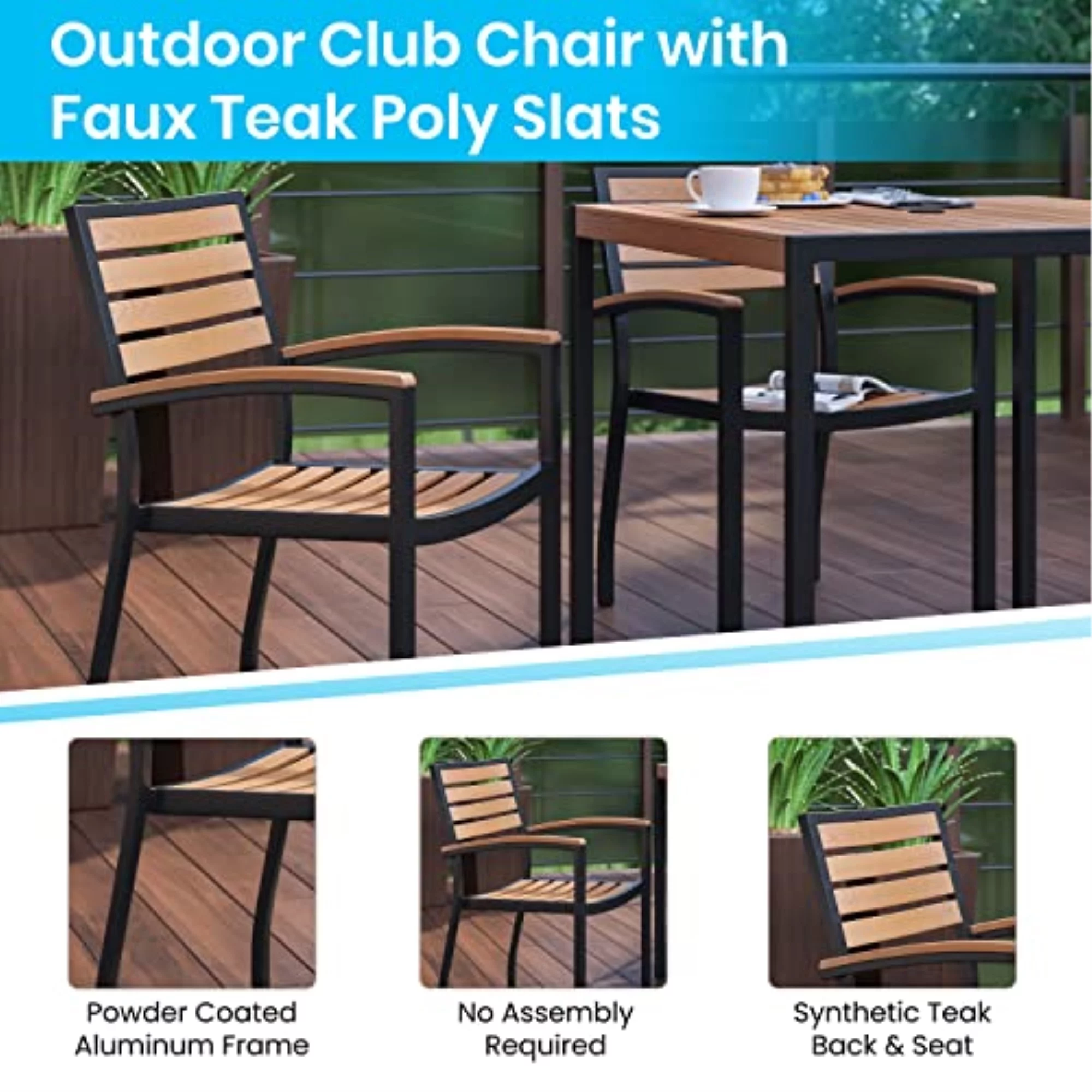 Flash Furniture Lark Series 3-Piece Metal/Aluminum Teak Patio Table and Chair Set, Teak