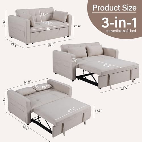 3-in-1 Convertible Sleeper Sofa Bed, Futon Couches with Pullout Bed, 2-Seater Loveseat Sofa with Storage Pockets, Adjustable Backrest and Toss Pillows for Living Room Apartment, Grey
