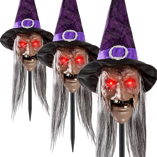 3-Pack Halloween Animatronic Witch Stakes – Outdoor Halloween Decorations with Sound,Light-Up Eyes, Moving Mouth & Sound Activation – Scary Prop for Yard, Pathways, Haunted Houses & Party