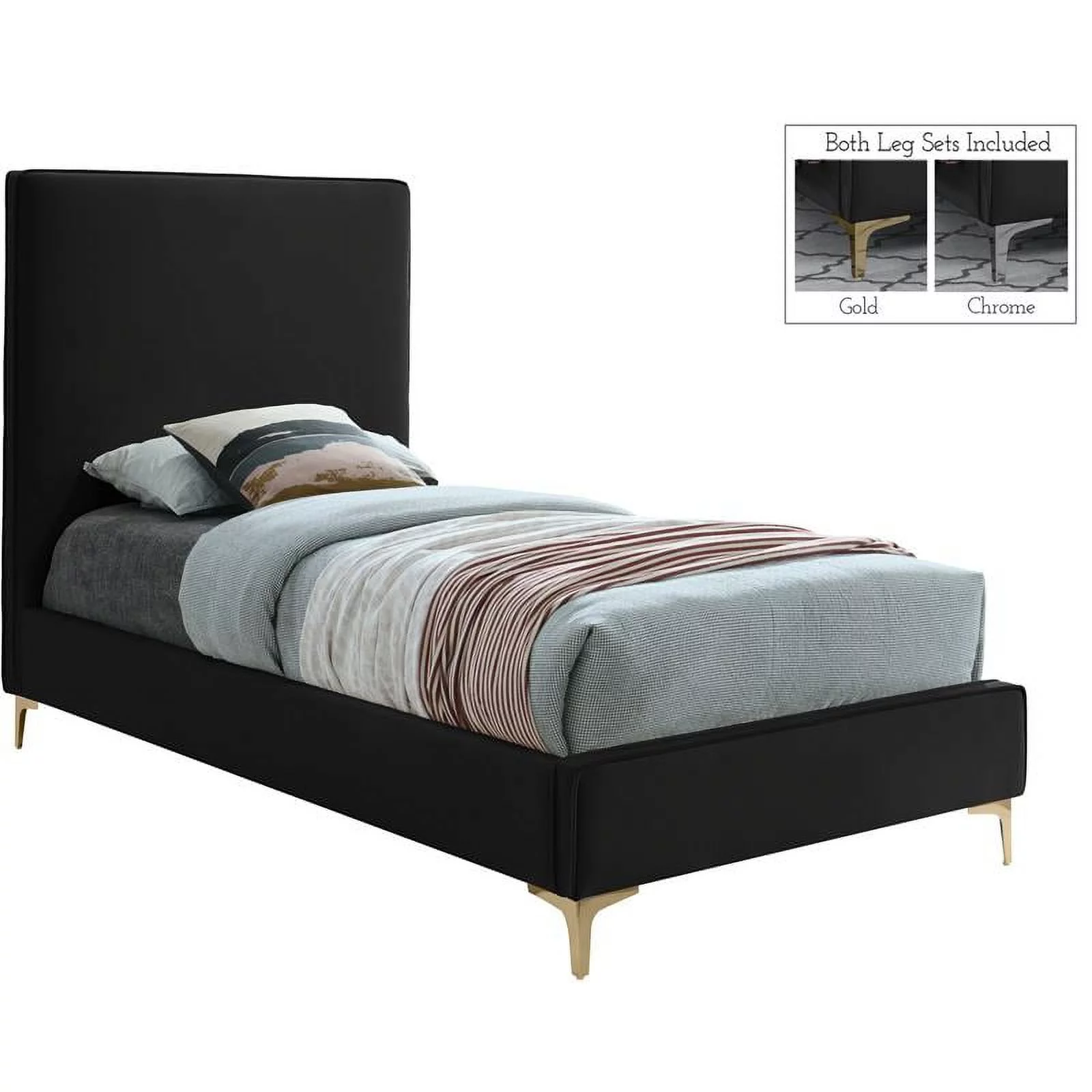 Meridian Furniture Geri Black Velvet Twin Bed with Gold and Chrome Legs Included