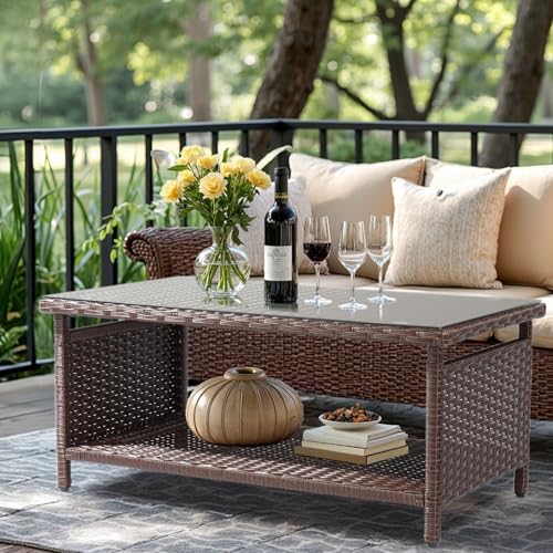 VINGLI Outdoor Wicker CoffeeTable Patio Coffee Tables for Outside, Tempered Glass Top Wicker Table with Storage Coffee Table for Patio Balcony Porch Deck (Brown)