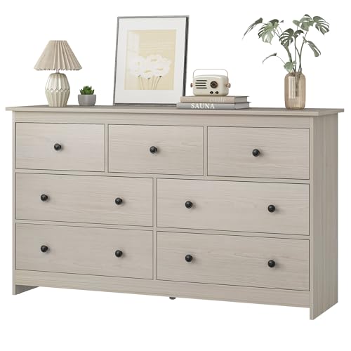 JOZZBY 7 Drawer Dresser for Bedroom, 55 Inch White Wooden Large Dresser with Golden Handles, Modern Chests of Deep Drawers Organizer for Home Office, Hallway