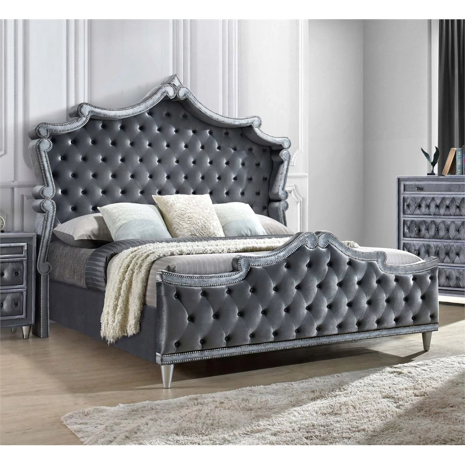 Coaster Antonella Velvet Upholstered Tufted Eastern King Bed in Gray