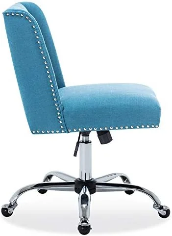 Modern Upholstered Linen Office Chair With Nailhead Trim, Armless Adjustable Height Swivel With Wheels, Stylish Farmhouse Computer Desk Seating - Blue