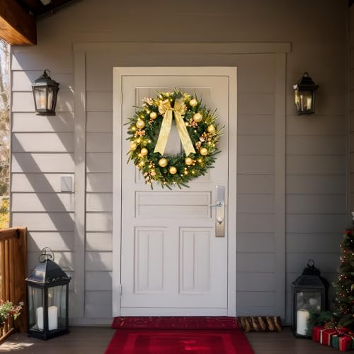VINGLI 48 Inch Pre-lit Artificial Christmas Wreath, Ourdoor Christmas Wreath Decorations with 150 LED Lights and 450 PVC Branch Tips for Garage, Xmas Door Wreath w/Bow, Pine Cones, Ornaments, Plug-in