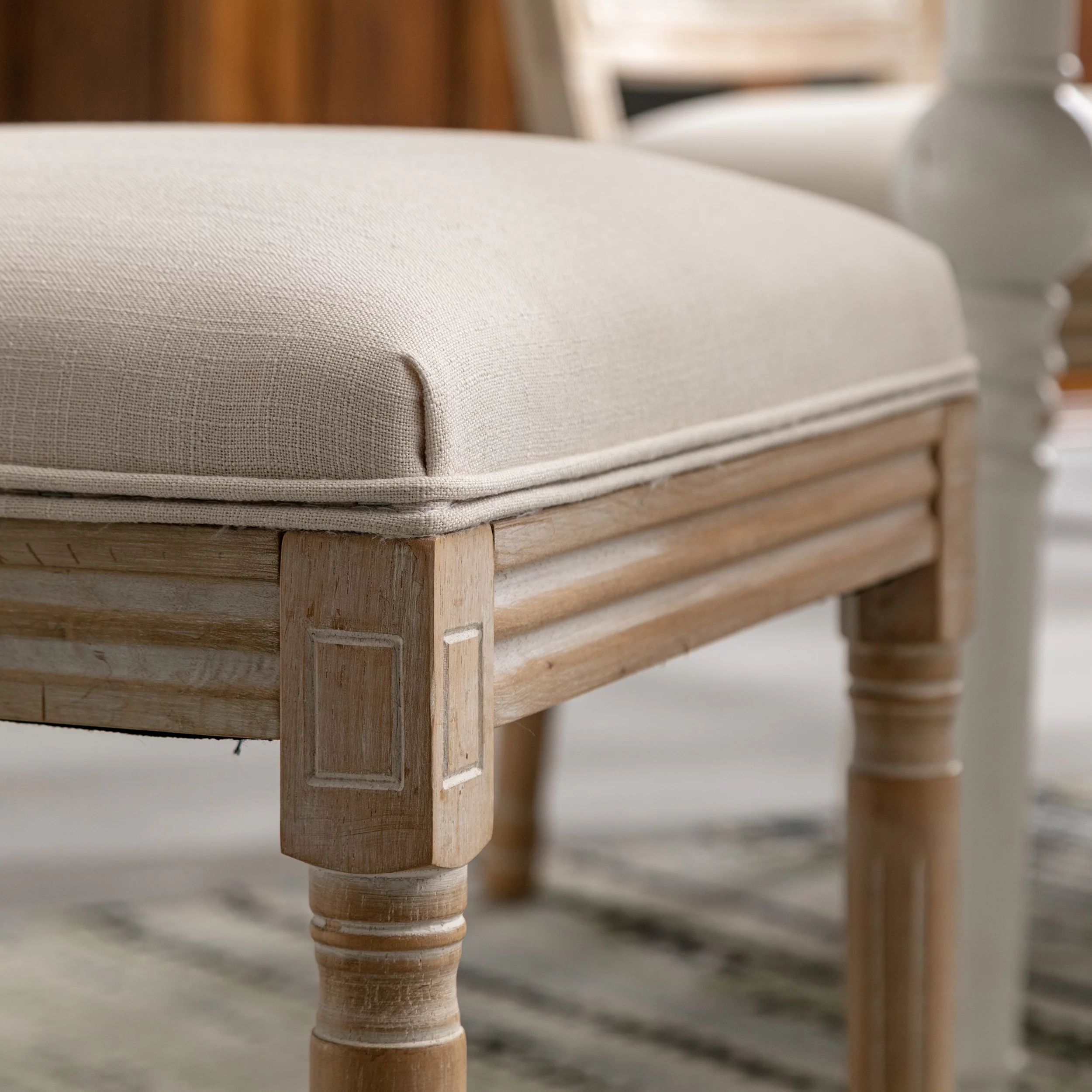 CoSoTower French Style Solid Wood Frame Antique Painting Linen Fabric Square Rattan Back Dining Chair, Set Of 2, Cream