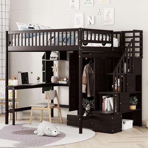 Full Size Loft Bed with Wardrobe Desk Storage Stairs, Wood Loft Bed Frame with Bookcase and Drawers, High Loft Bedframe for Kids Teens Adults, No Box Spring Needed, Espresso