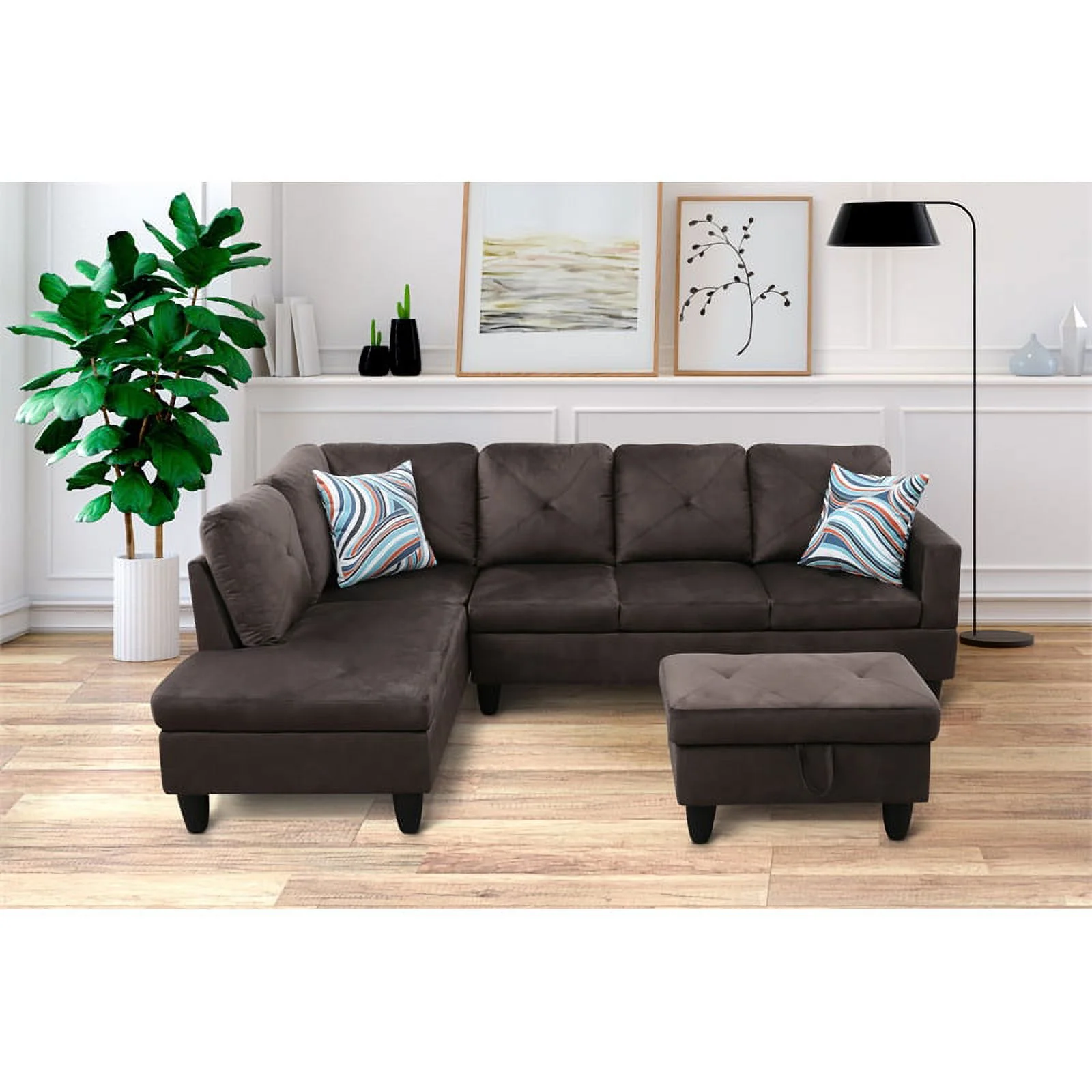 Pemberly Row L Shaped Chocolate Couch with Ottoman(Pillows Included) Microfiber