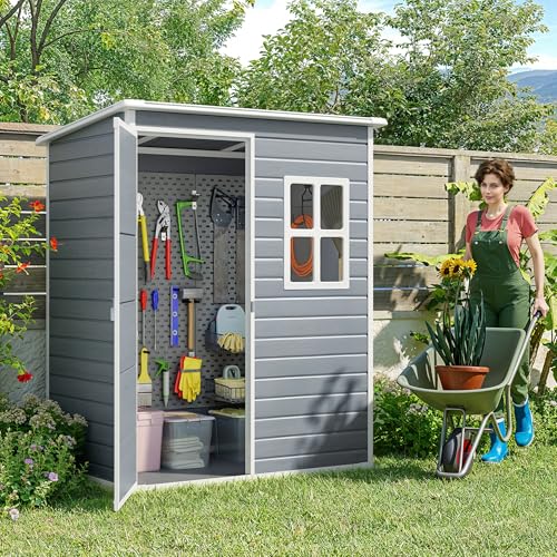 Gizoon 6x4 FT Outdoor Storage Shed with Floor, Resin Garden Tool Shed with Lockable Doors, Window, Vents, Reinforced Steel Frame, Waterproof Plastic Storage Sheds for Backyard, Patio, Lawn