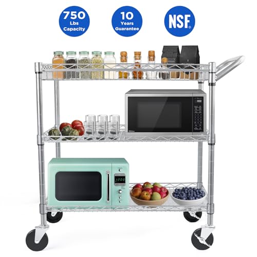 WDT Heavy Duty 3 Tier Utility Cart,Wire Rolling Carts with Wheels, Commercial Grade Service Cart with Shelving Liners and Handle Bar Metal Carts for Kitchen Office Hardware (750LBS Capacity Silver)