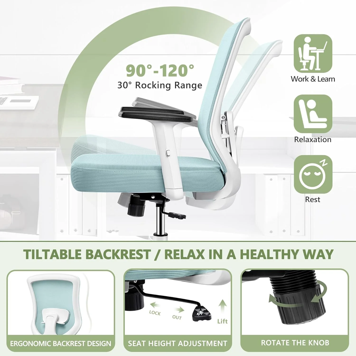 Coolhut Office Chair, Ergonomic Home Office Desk Chairs, Breathable Mesh Comfortable Work Chair Adjustable 2D Armrests, Rocking Executive Chair, Swivel Task Chair with Lumbar Support (Light Blue)