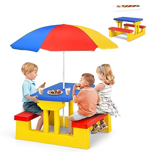 ARMILE Kids Picnic Table, Kids indoor & Outdoor Table and Bench set with Removable & Foldable Umbrella, Portable Toddler Plastic Picnic Table for Patio, Backyard, Ideal Gift for Boys Girls (Colorful)