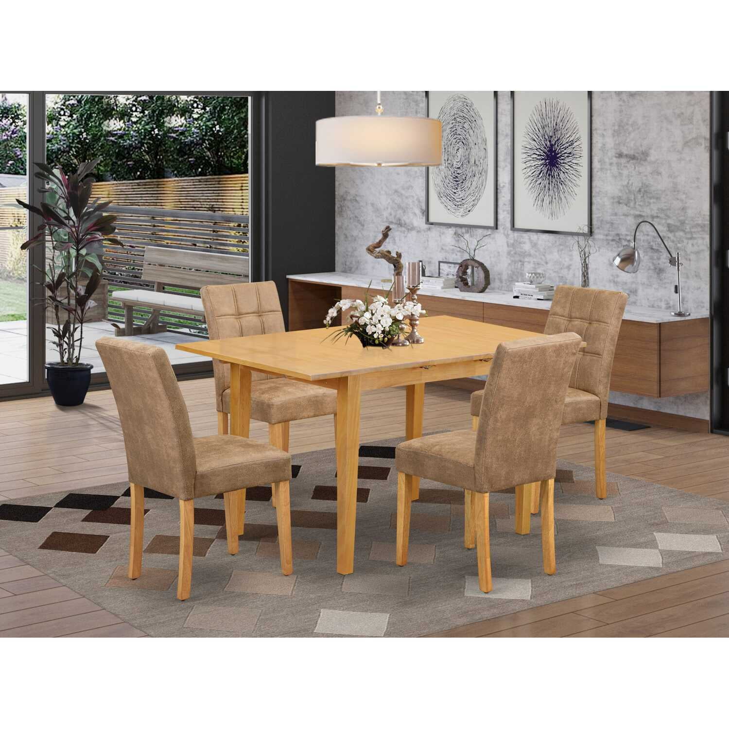 HomeStock 5 Piece Dining Room Set Consist Of A Rectangle Kitchen Table With Rustic Refinement Leaf And 4 Chairs, Oak