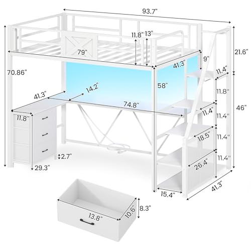 Itaar Stairway Twin Size Loft Bed with L Shaped Desk and Wardrobe, Metal Loft Bed Frame with Storage Stairs,3 Fabric Drawers, LED Lights & Charging Sation,No Noise & No Box Spring Needed, White