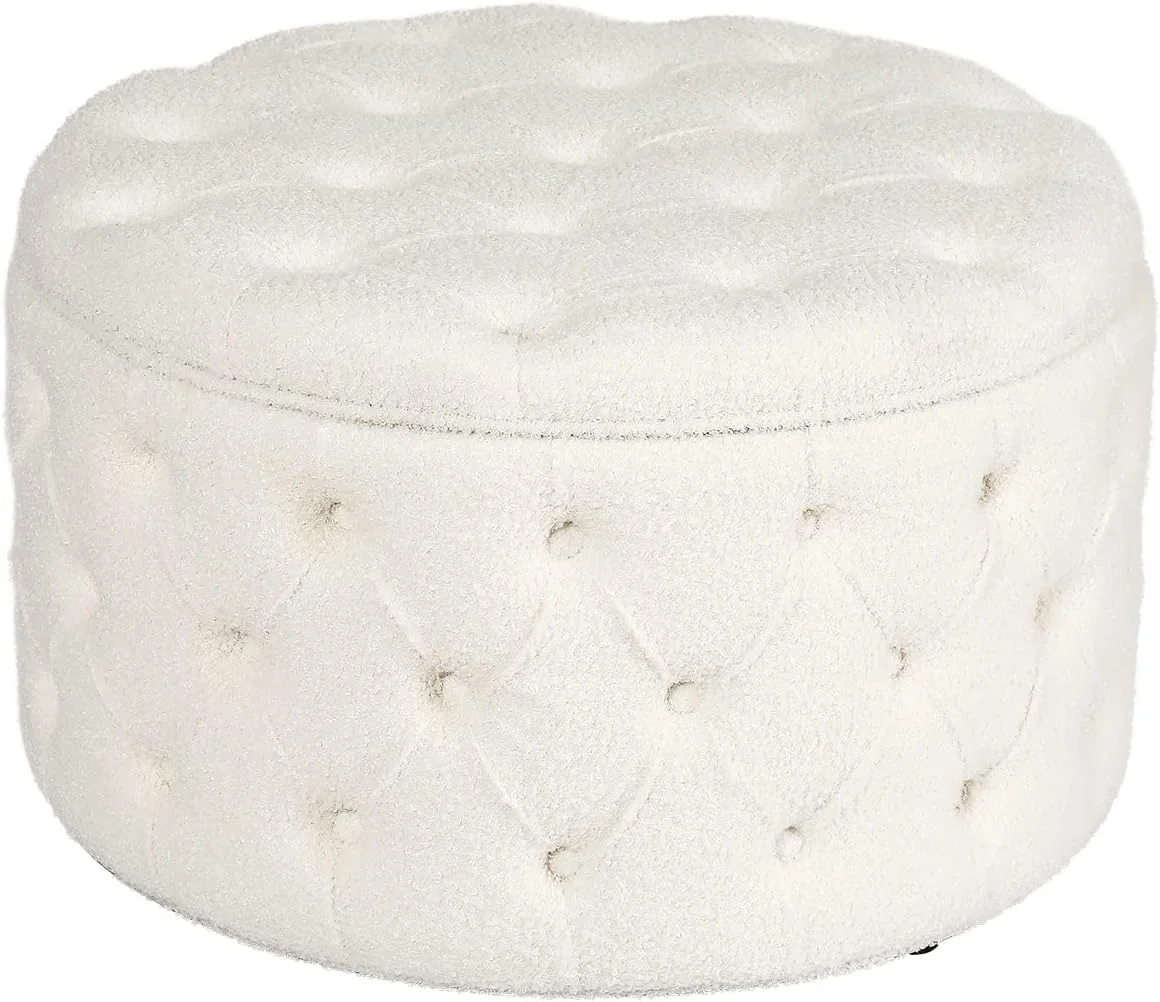 Round Storage Ottoman, Button Tufted Upholstered Ottoman With Removable Top, Storage Bench Coffee Table Footrest Stool For Living Room Bedroom Entryway (White)