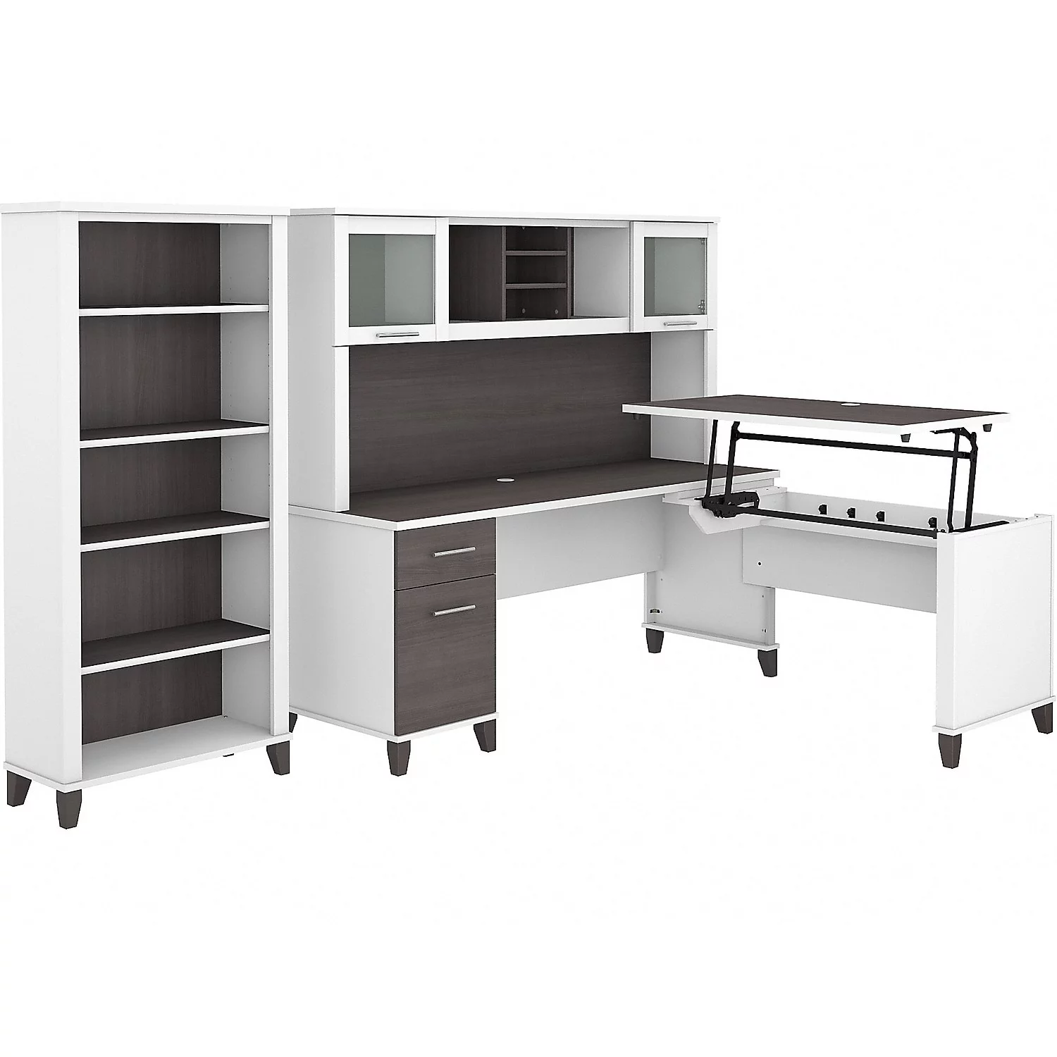 Somerset Sit to Stand L Desk Set with Bookcase in White/Gray - Engineered Wood