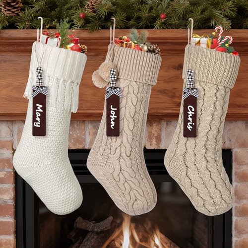 KHOYIME Personalized Knit Christmas Stockings, 3 Pack 18'' Large White Red Green Vintage Knitted Xmas Stocking with Wooden Names Tags Boho Farmhouse Rustic Hanging Decoration for Family Holiday Mantel