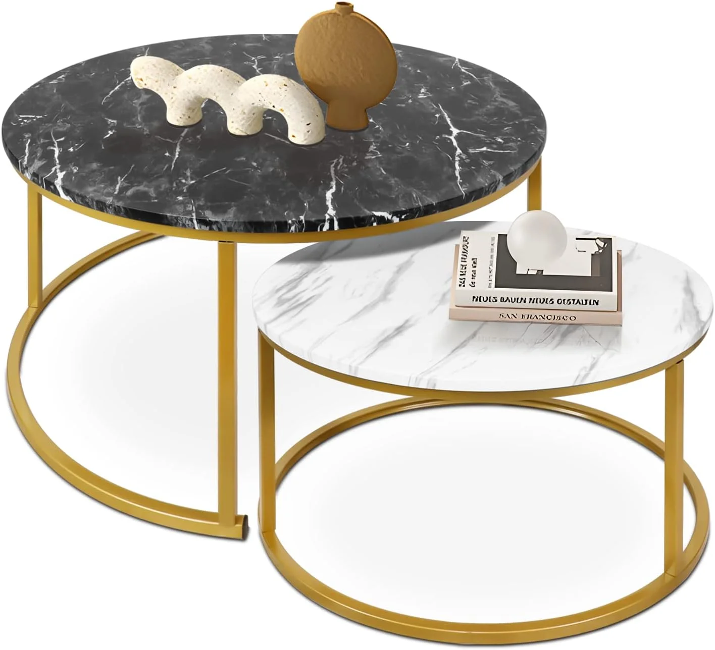 KHBIULIFE 35" Coffee Table Set of 2 Nesting Round Accent Side Tables with Sturdy Metal Frame for Living Room Bedroom Apartment Modern Style  Easy Assembly