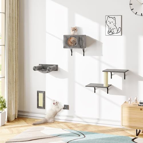 NUNU LAB 5-in-1 Wall-Mounted Cat Climber Set, Cats Wall Shelve, Wall-Mounted Cat Climbing Shelves, with House, Bridge, Steps, Scratcher, Hammock, Shelves (A-KM060)