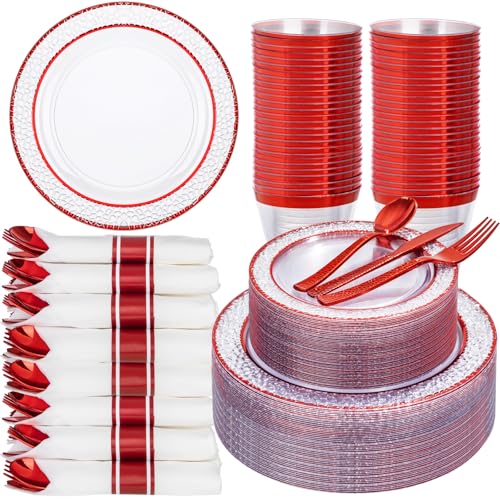 Ciaell 350PCS Clear Plastic Plates with Gold Trim for 50 Guests, Disposable Dinnerware Set for Wedding & Thanksgiving, Includes 100 Plastic Plates, 50 Pre Rolled Napkins with Gold Silverware, 50 Cups