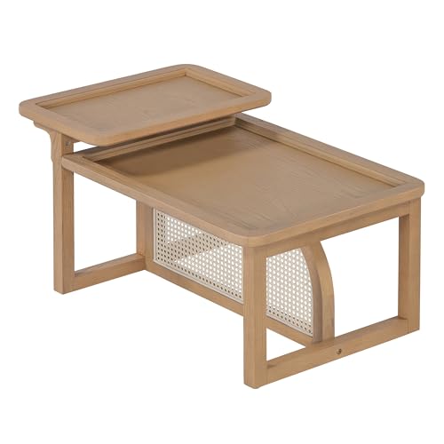 Modern 2 Piece Nesting Rattan Wood+ MDF Coffee Table Set in Natural