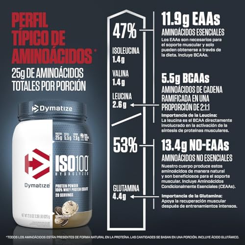 Dymatize ISO100 Whey Protein Powder Isolate, Cookies & Cream, 25g of Protein, 20 Servings, 5.5g BCAAs, Less Than 120 Cal., Gluten Free, 1g Fat, 1g Sugar, 2g Carb