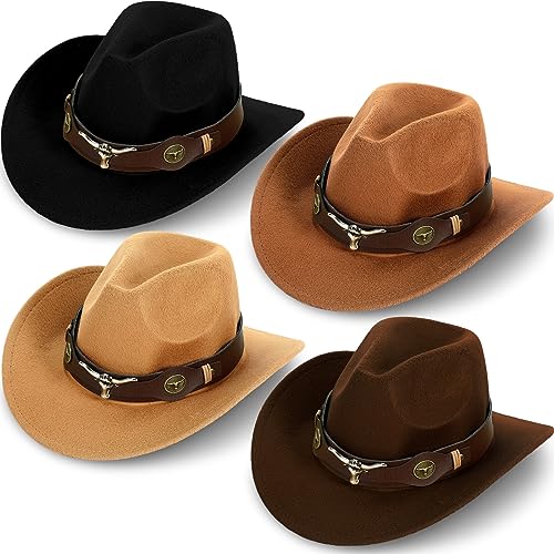 Panitay 4 Pcs Classic Western Cowboy Hat for Men Felt Wide Brim Hats Women Belt Buckle Panama for Adults Kids Party, 4 Colors