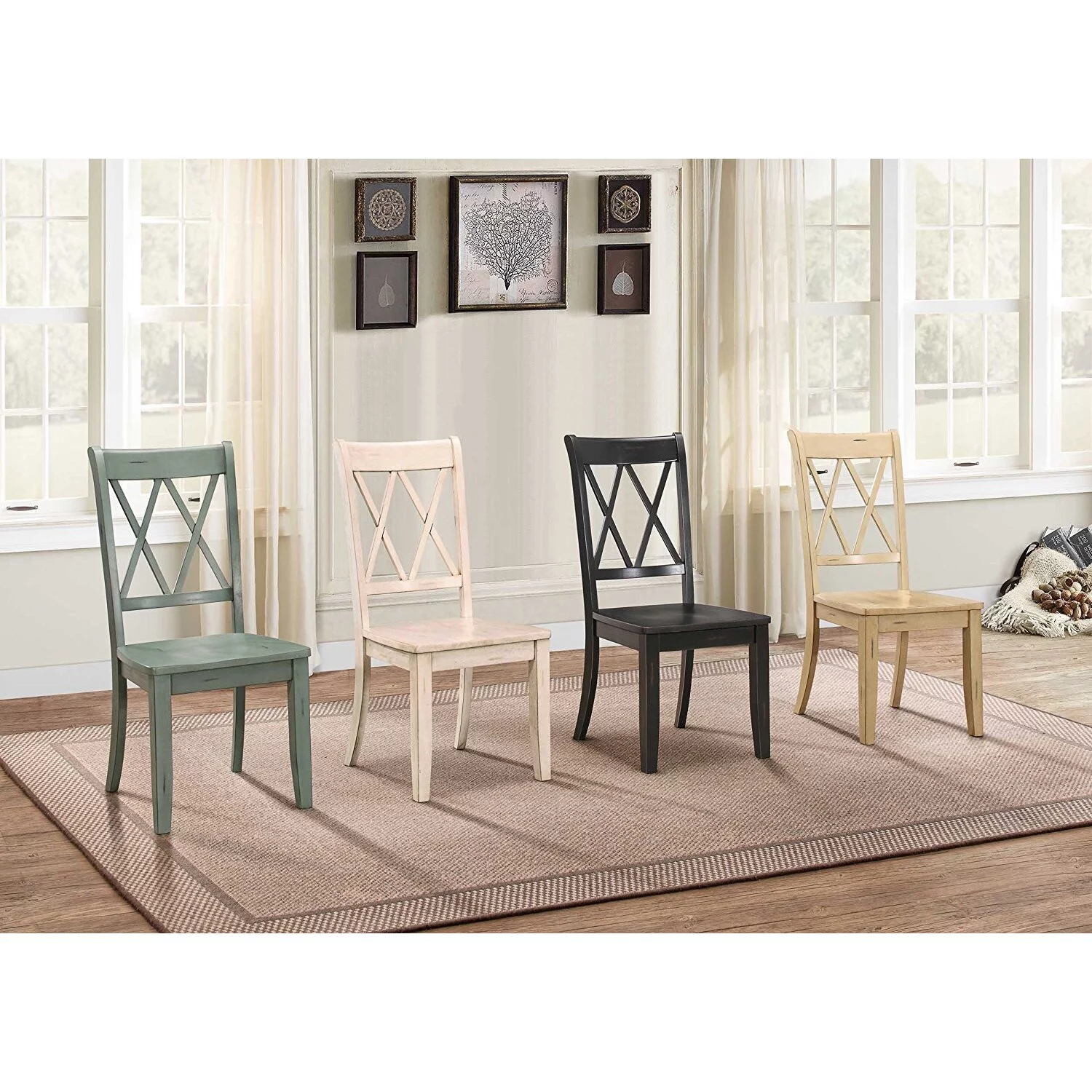 Benzara Pine Veneer Side Chair With Double X Cross Back, Sand, Set of 2