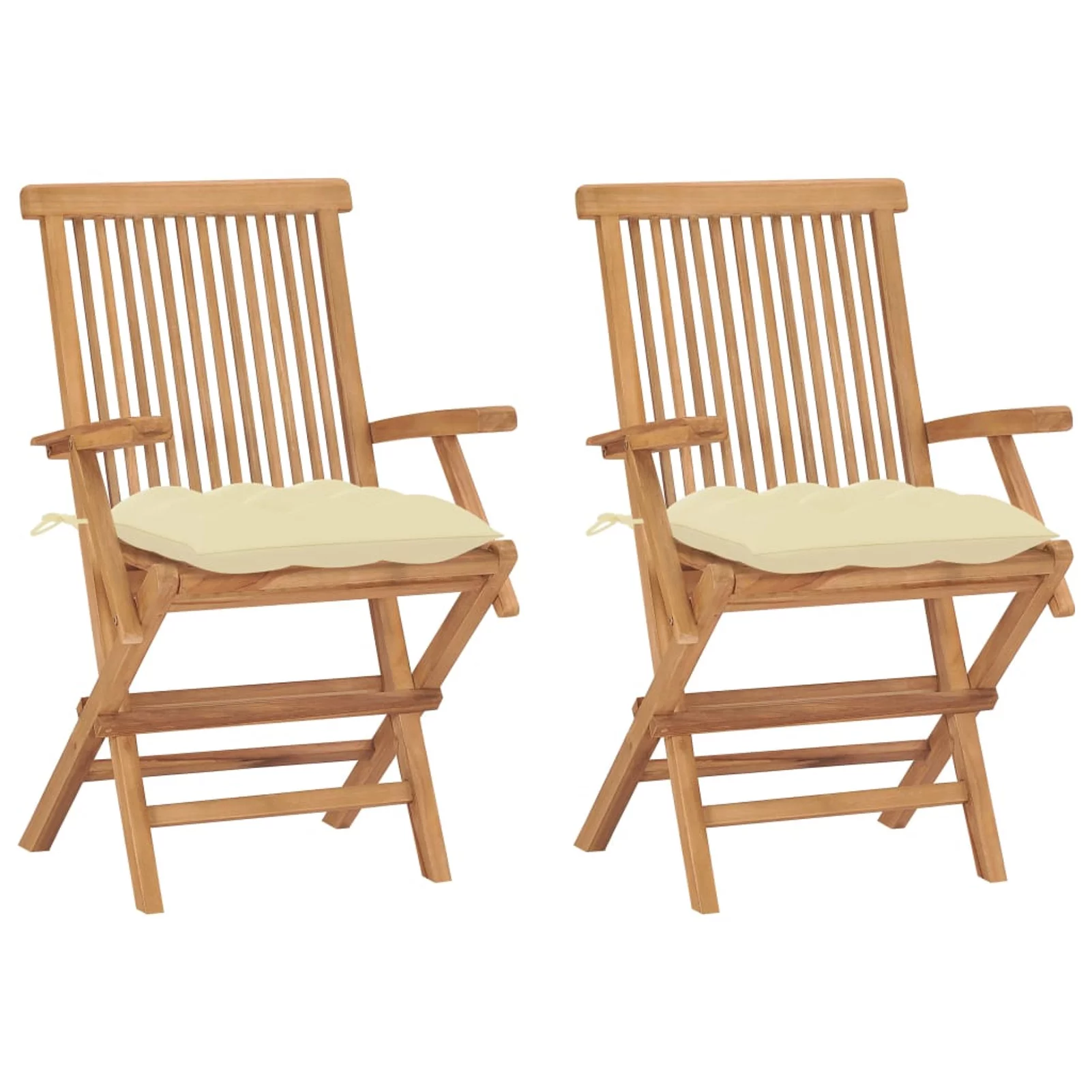 Dcenta Set of 2 Wooden Garden Chairs with Cream White Cushion Teak Wood Foldable Outdoor Dining Chair for Patio, Balcony, Backyard, Outdoor Indoor Furniture 21.7in x 23.6in x 35in