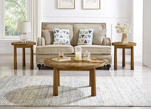 KHBIULIFE Living Room Central Round Table  Farmhouse Round Coffee Table  Round Wooden Rustic Natural Table with Thick Cylindrical Legs (Classic  35.43 X 35.43 X 18.31 in)