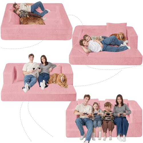 Folding Bean Bag Chair for Adults,3-in-1 Bean Bag Couch Faux Fur Floor Sofa Large Beanbag Convertible Bean Bag Sofa Bed with Pillow in Bedroom,Living Room,Apartment(Twin,Caramel)