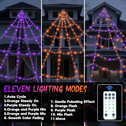 Halloween Decorations Outdoor Spider Web Lights with Glowing Spider - 2 Colors Remote Control Timer Plug in Giant Halloween Decor Cobwebs - 11 Modes Lighting Waterproof Yard Garden Party Decorations