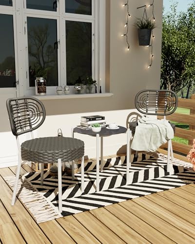 3 Piece Patio Dining Set, with Rattan Chairs and Round Table, Outdoor Wicker Bistro Set, for Indoor Backyard Lawn Deck Poolside Porch Furniture