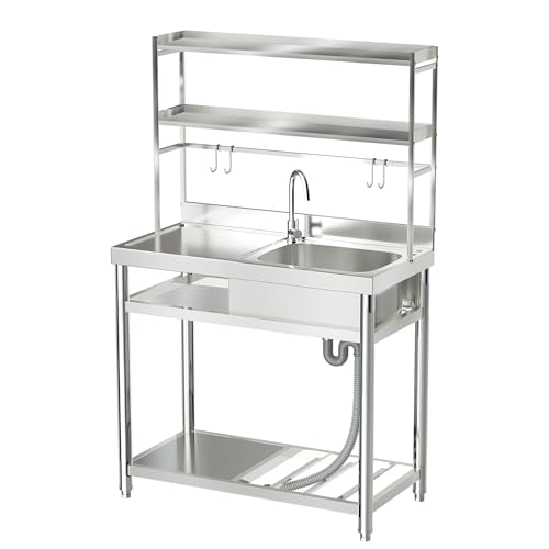 ROOMTEC 304 Stainless Steel Utility Sink Set, Single Bowl Commercial Sink with Drainboard and Hanging Tools for Kitchen, Garage, Laundry Room (Right bowl)