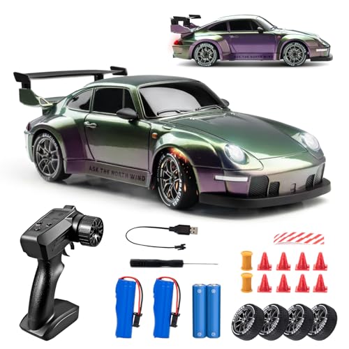 RC Drift Car, 1:24 Scale Remote Control Vehicle with LED Lights, 2.4GHz 20KM/H 4WD High Speed RC Cars, Drifting Tires＆Two Batteries, Racing Sports Toy Idea Gift for Adults Boys Girls and Kids