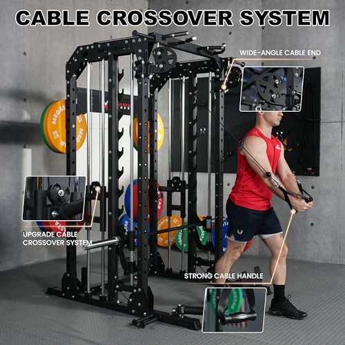 Smith Machine Home Gym with Aluminum Pulley Set - 2000lbs Capacity All-in-One Power Rack with Cable Crossover, Pull-Up Bar & Dip Station, Includes 18 Attachments, P107 Anvil