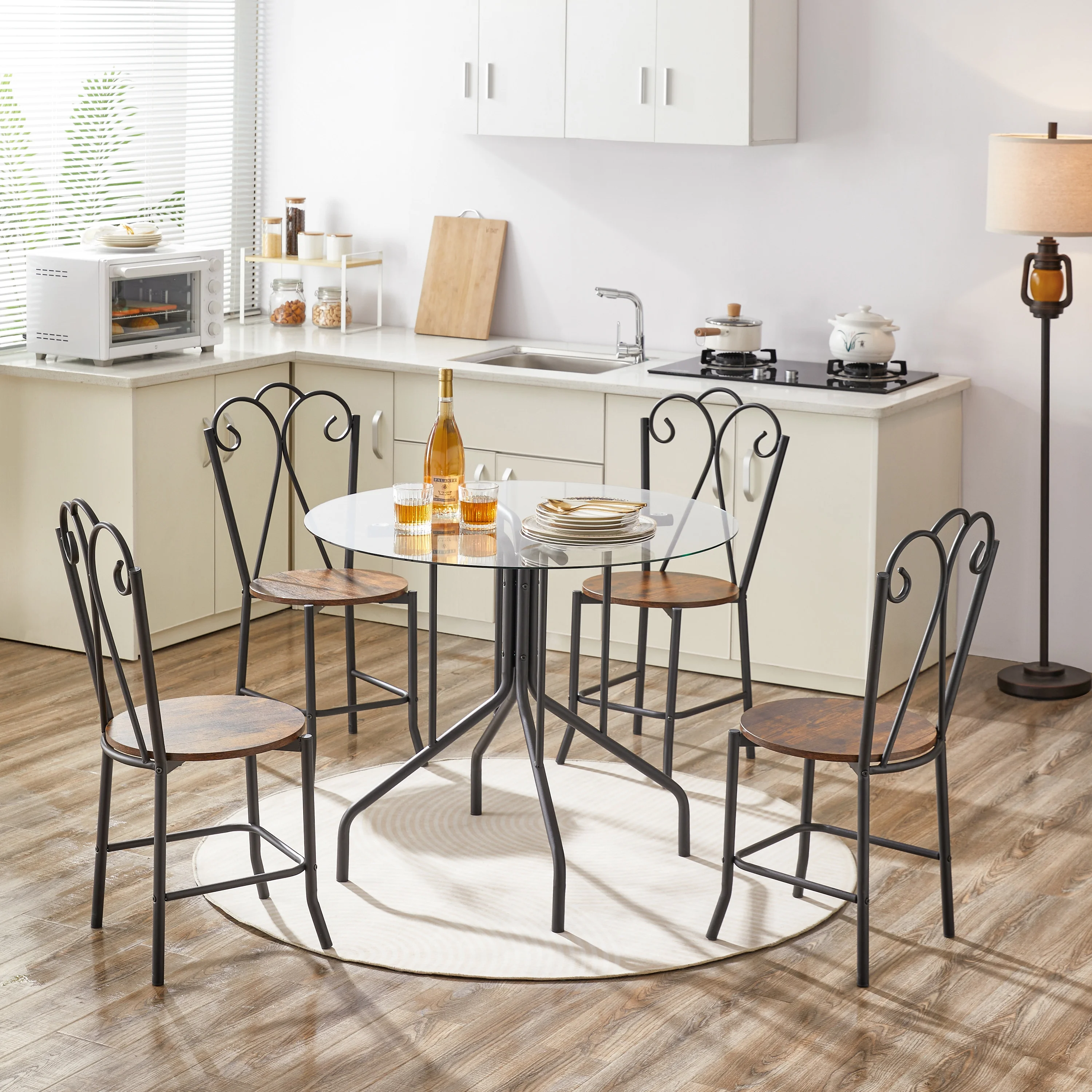 5-Piece Tempered Glass Table w/ 4 Chairs,Modern Round Dining Table Furniture Set for Home, Kitchen, Dining Room,Dining Table and Chair
