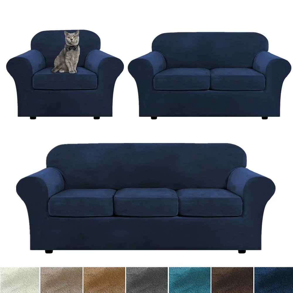 Stretch Velvet Plush Sofa Covers Couch Armchair Slipcover Protector with Cushion Covers, Navy Blue, For 3-Seater Sofa