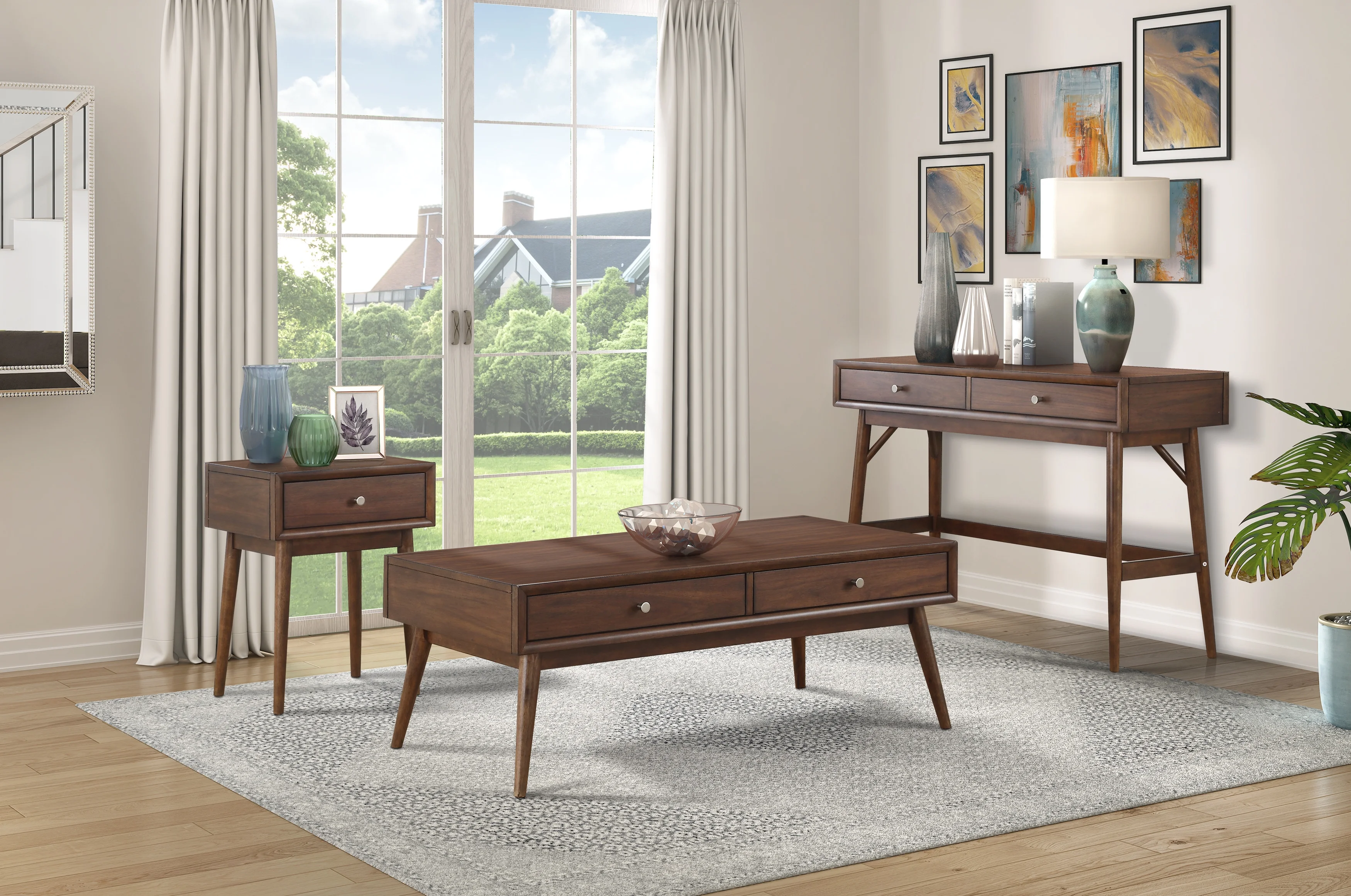 CoSoTower Retro Modern Style 1Pc Coffee Table with 2X Drawers Brown Finish Living Room Furniture Walnut Veneer Wooden Furniture