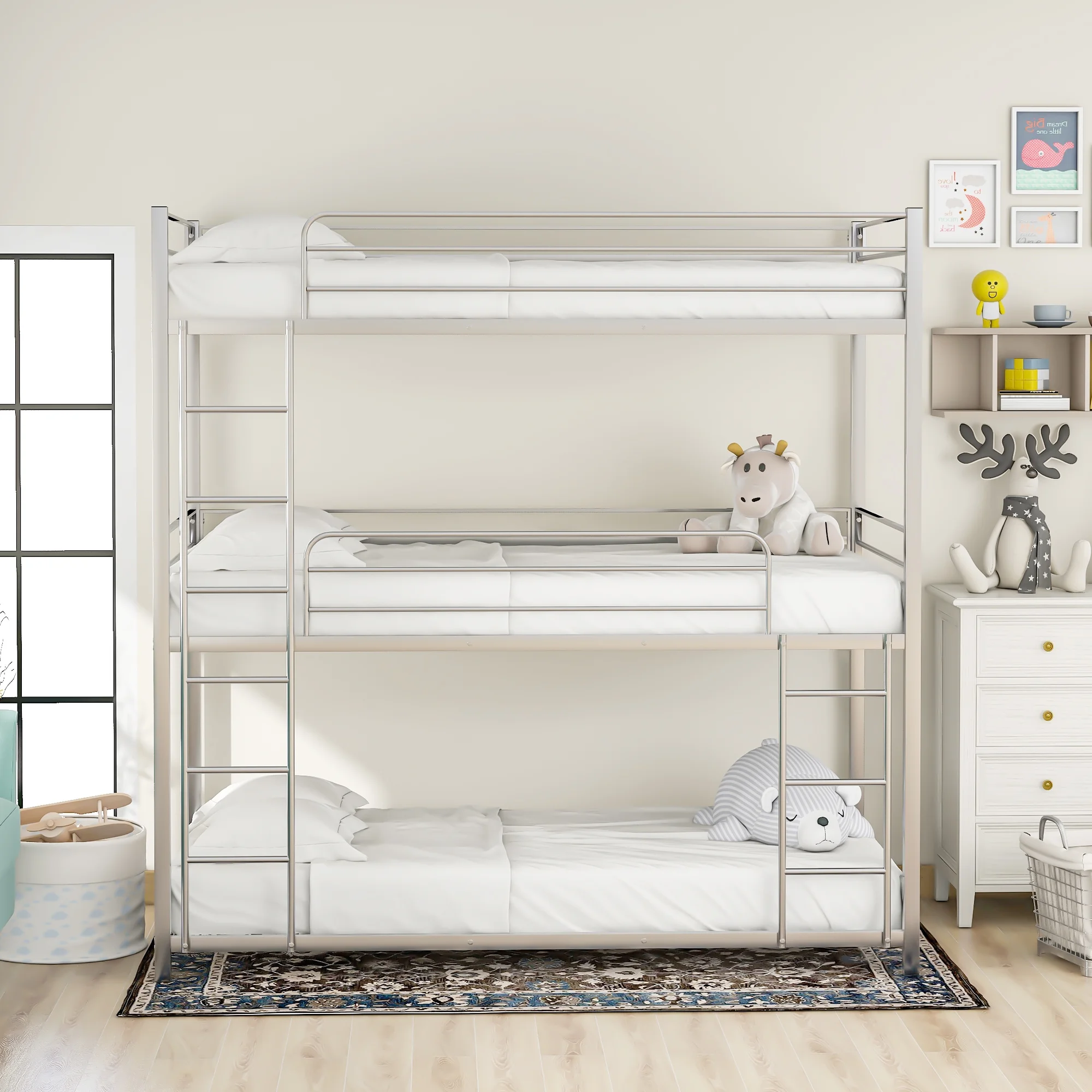Euroco Metal Bunk Bed, Twin-over-Twin-over-Twin for Bedroom, Silver