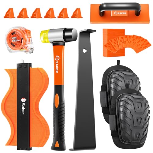 Saker Laminate Flooring Tools, 65-Piece Wood Flooring Installation Kit with 60 Flooring Spacers,Tapping Block with Handle, Pull Bar, 10”Contour Gauge, Rubber Mallet, Tape Measure