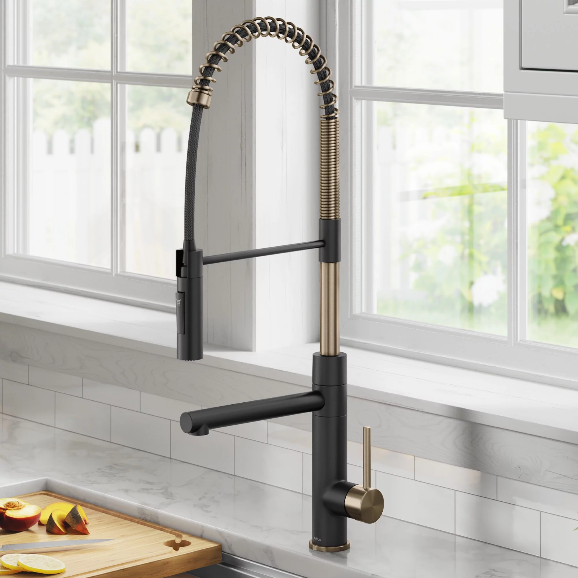 Kraus Artec Pro Commercial Style Pull-Down Single Handle Kitchen Faucet with Pot Filler in Spot Free Antique Champagne Bronze / Matte Black