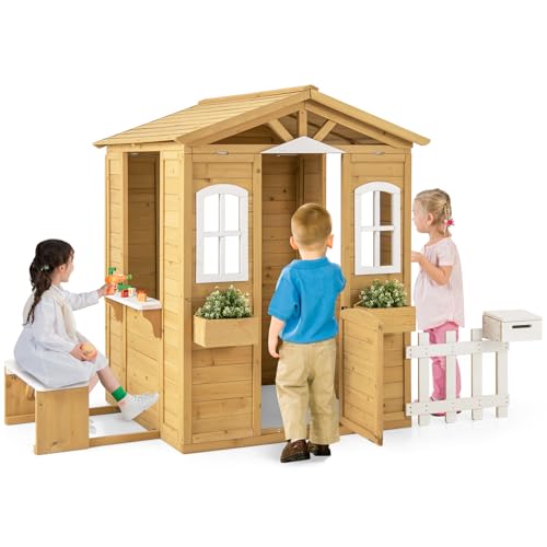 Costzon Outdoor Playhouse, Fir Wood Patio Pretend Play Center w/Bench, Mailbox, Fence, Serving Stations, Flowerpot Holders, Windows & Door, Children Play House for 2+ Years Old Kids