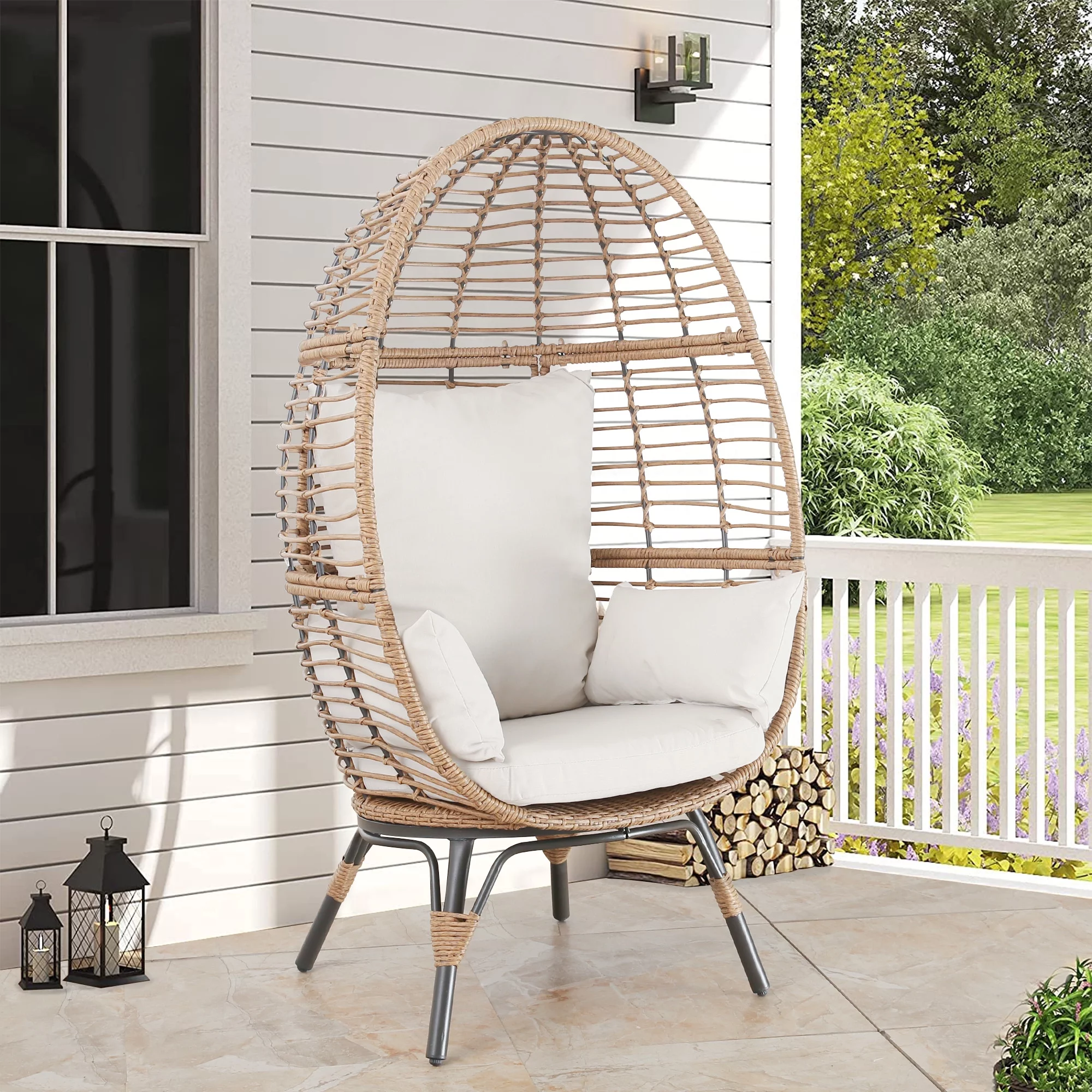 Ulax Furniture Outdoor Patio Wicker Egg Chair Indoor Tear Drop All-Weather Rattan Chair with 4 Cushions for Patio, Backyard, Living Room
