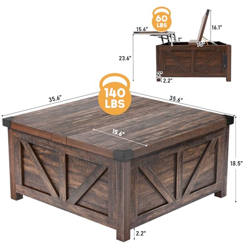 Farmhouse Lift Top Coffee Table with Storage, Wood Square Center Table with Charging Station&USB Port, Living Room Table w/Large Hidden Space, for Living Room, Bedroom, Home Office, Brown
